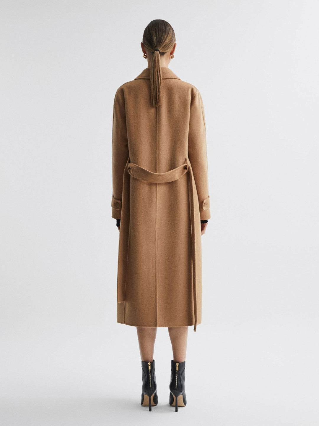 Wool Blend Belted Blindseam Coat in Camel | Reiss Women New
