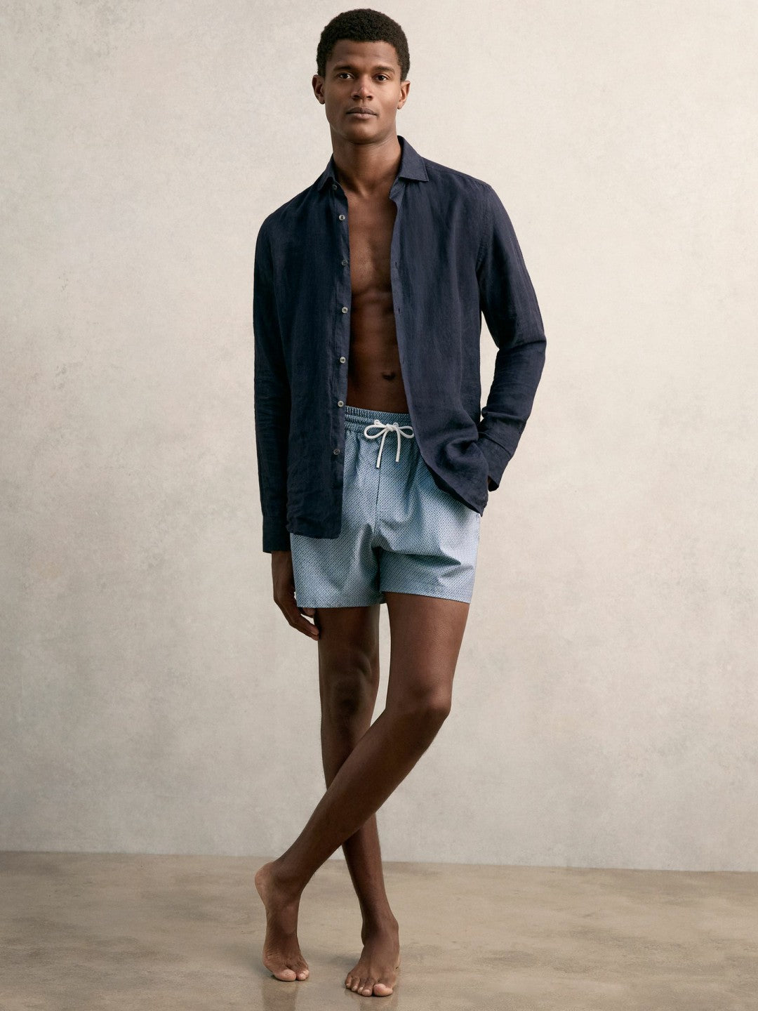 Drawstring Geometric Print Swim Shorts in Airforce Blue | Reiss Men Exclusive