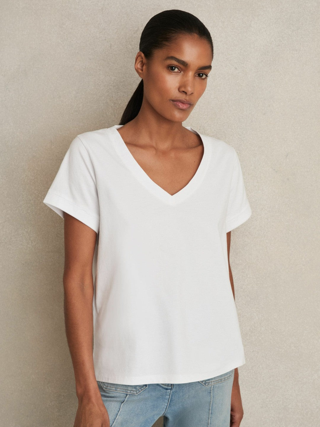 Brushed-Cotton V-Neck T-Shirt in White | Reiss Women Best Seller