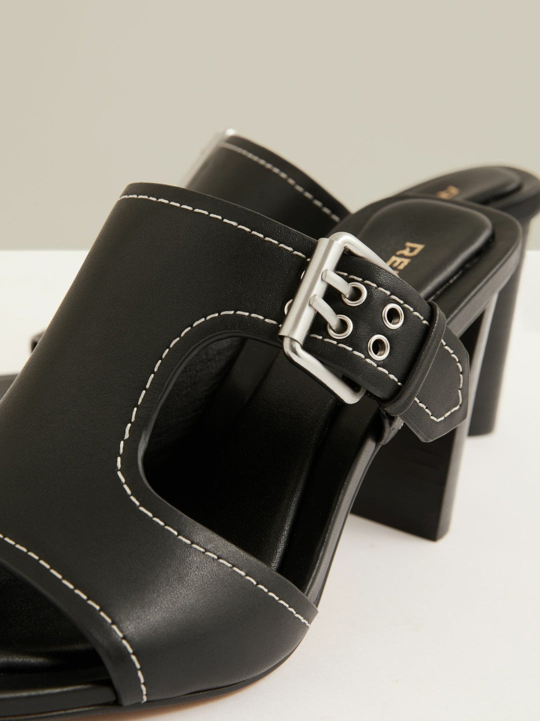 Leather Buckle Block-Heel Sandals in Black | Reiss Women New