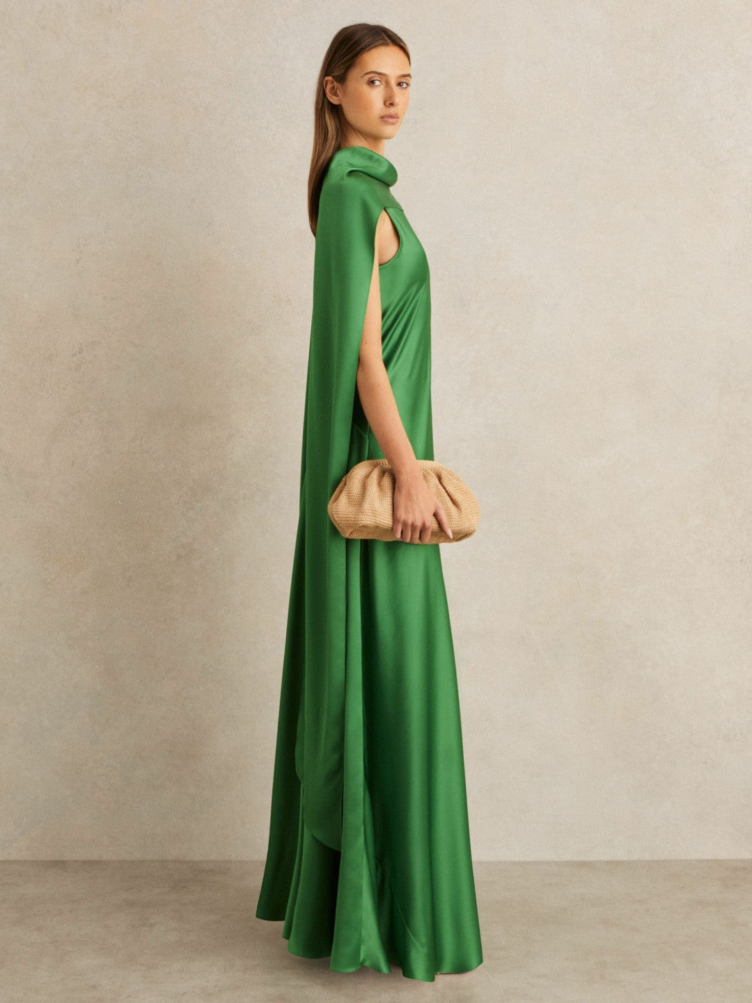 Petite Satin Cape Maxi Dress in Green | Reiss Women New