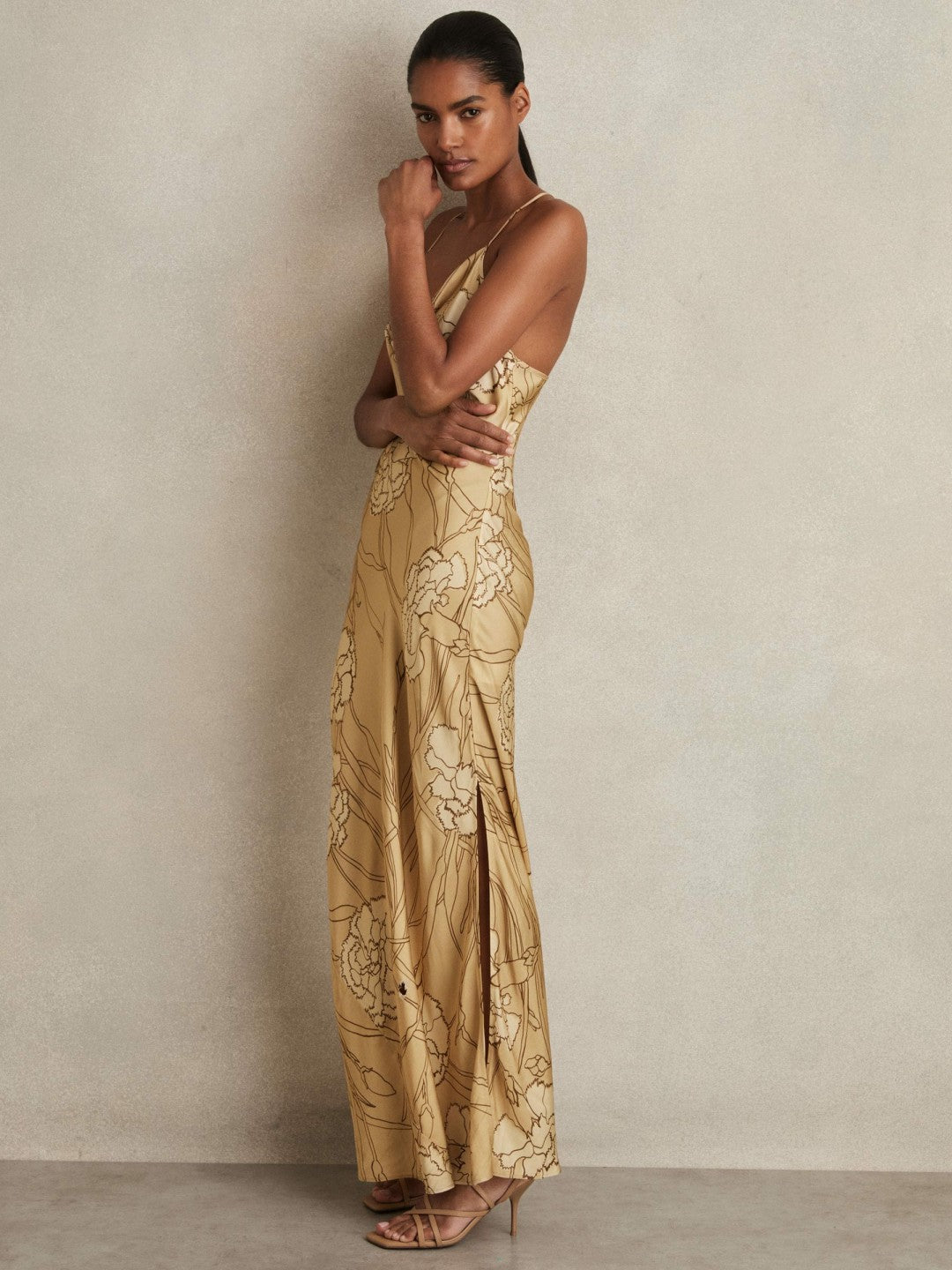 Satin Floral-Print Slip Maxi Dress in Gold | Reiss Women Premium