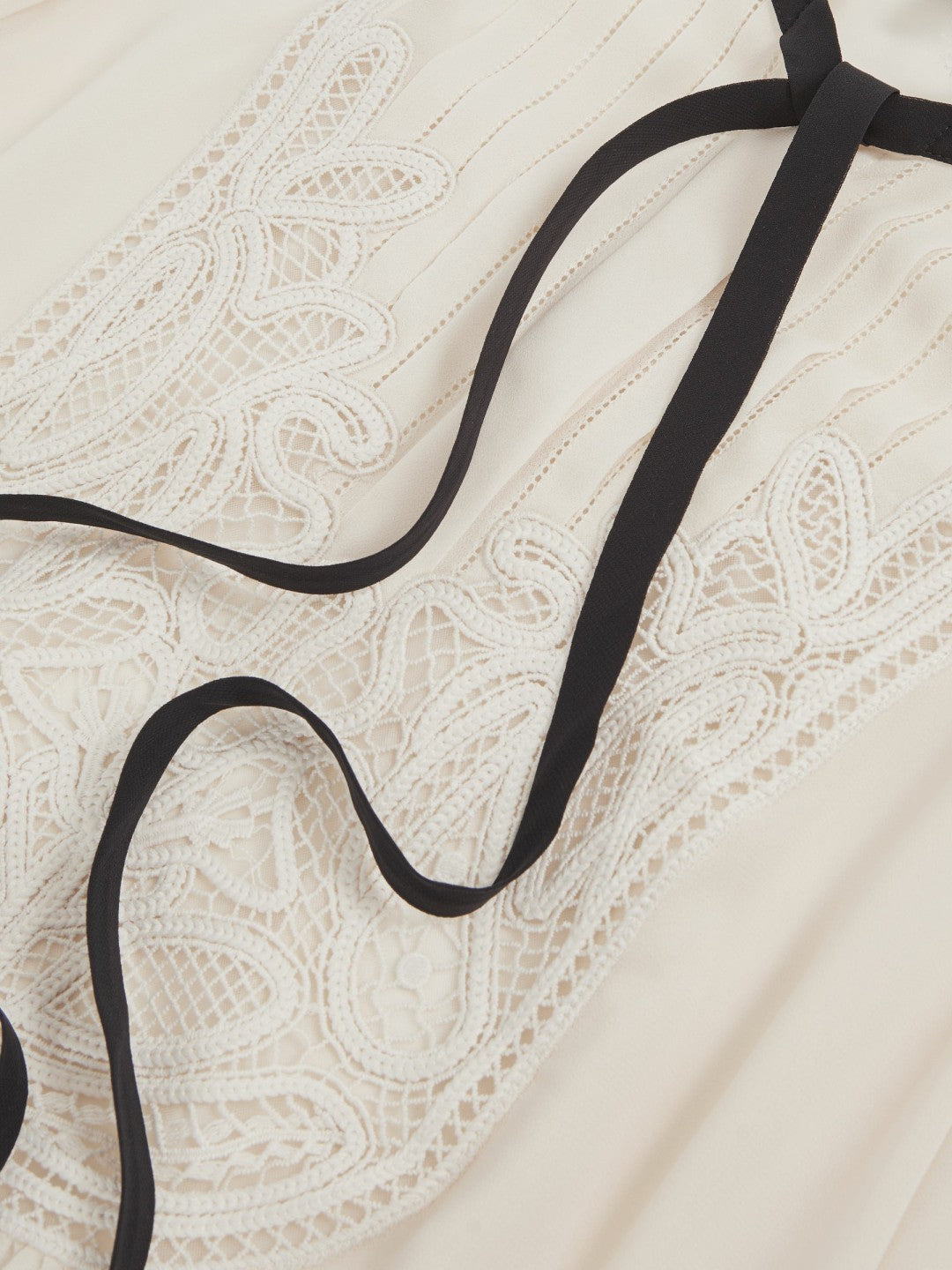 Lace-Embroidered Tie-Neck Shirt in Cream | Reiss Women Signature