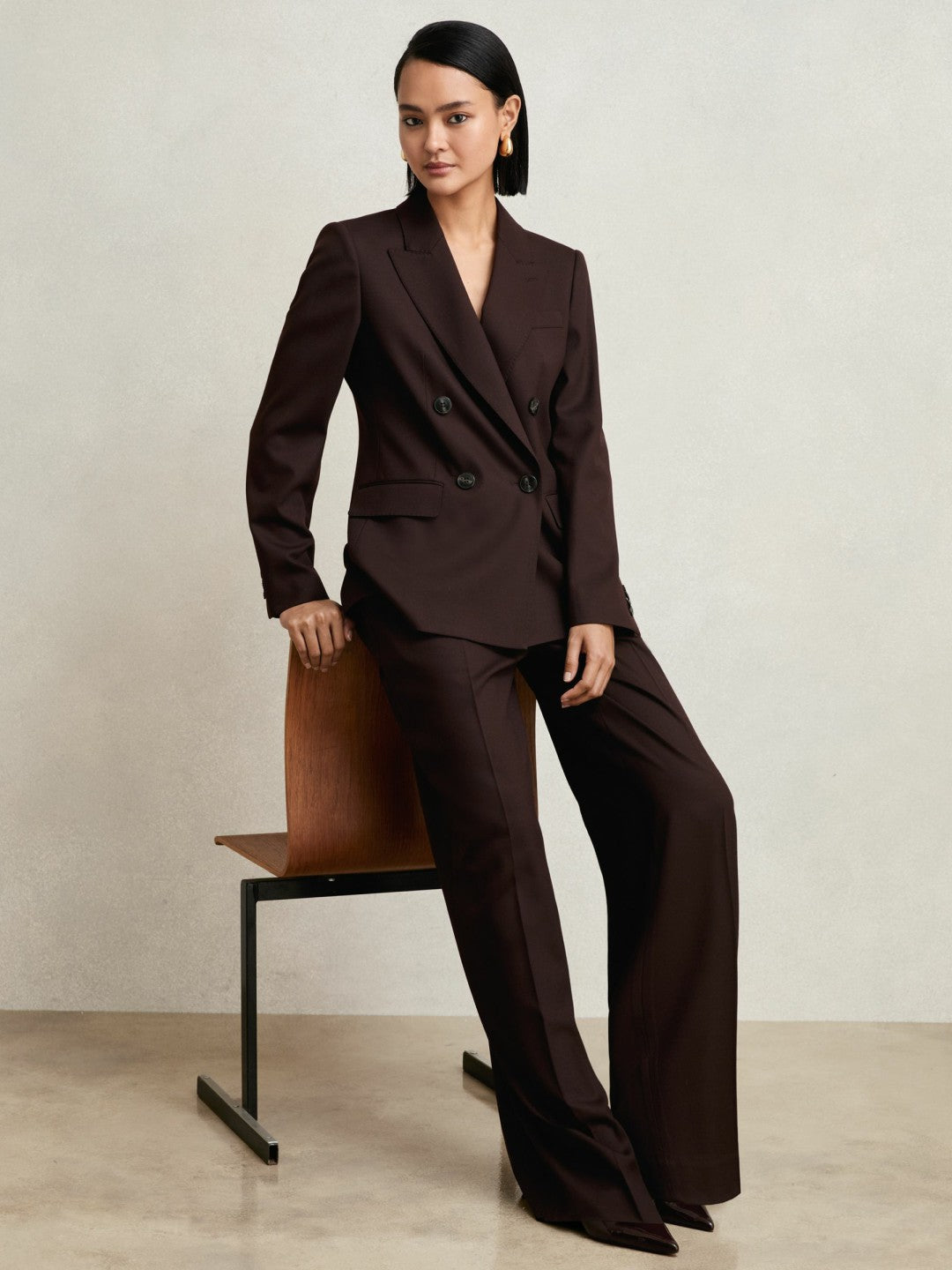 Wool-Blend Double-Breasted Suit Blazer in Aubergine | Reiss Women New
