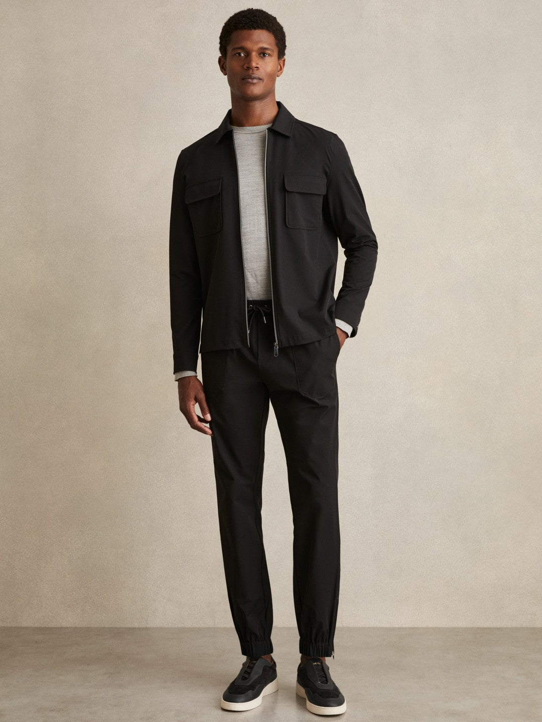 Drawstring Technical Cuffed Trousers in Black | Reiss Men Featured
