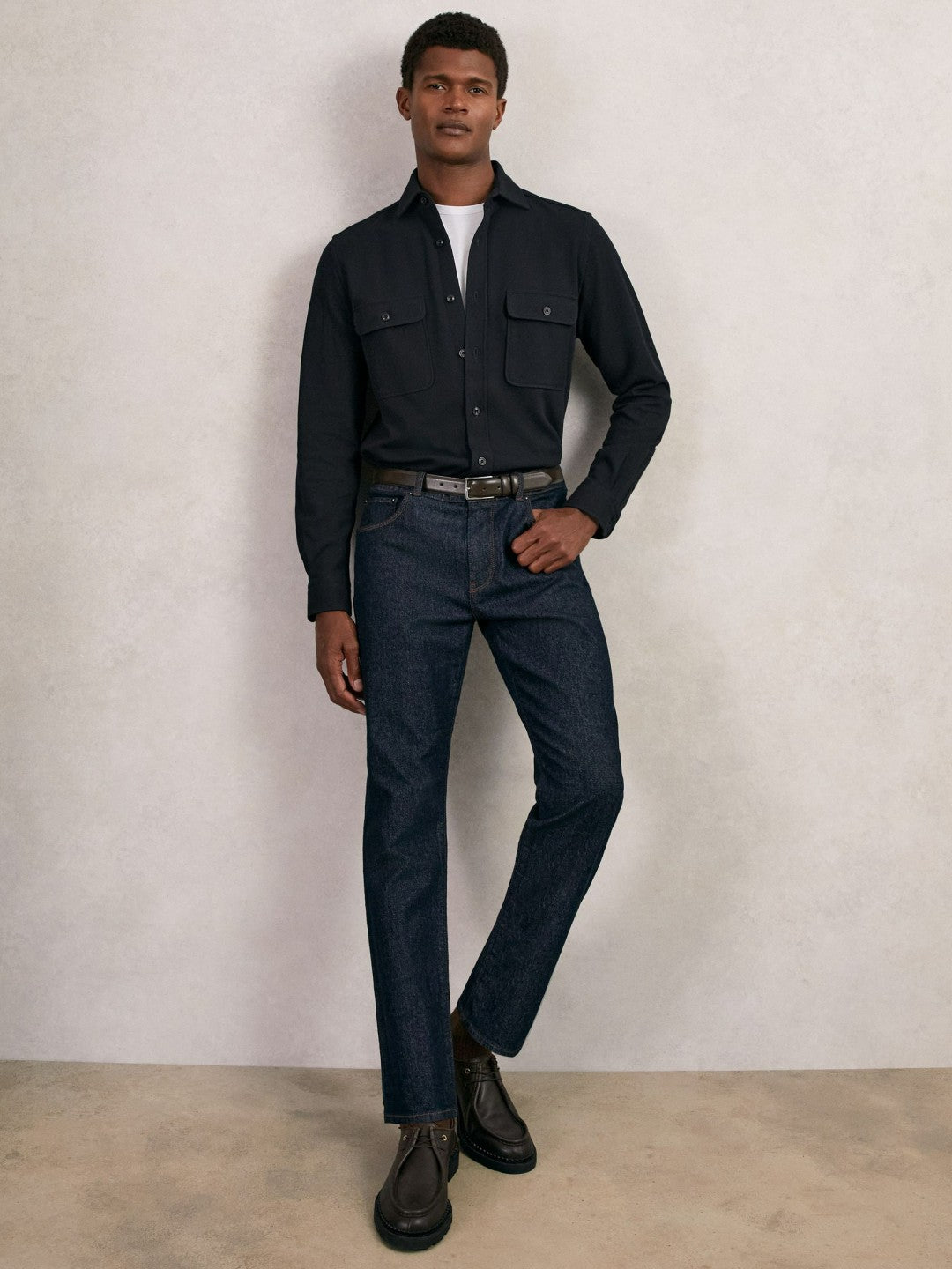 Textured Twin Pocket Cotton Blend Overshirt in Navy | Reiss Men Premium