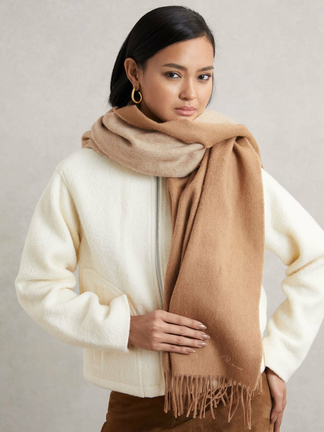 Wool-Cashmere Scarf in Taupe | Reiss Women Signature