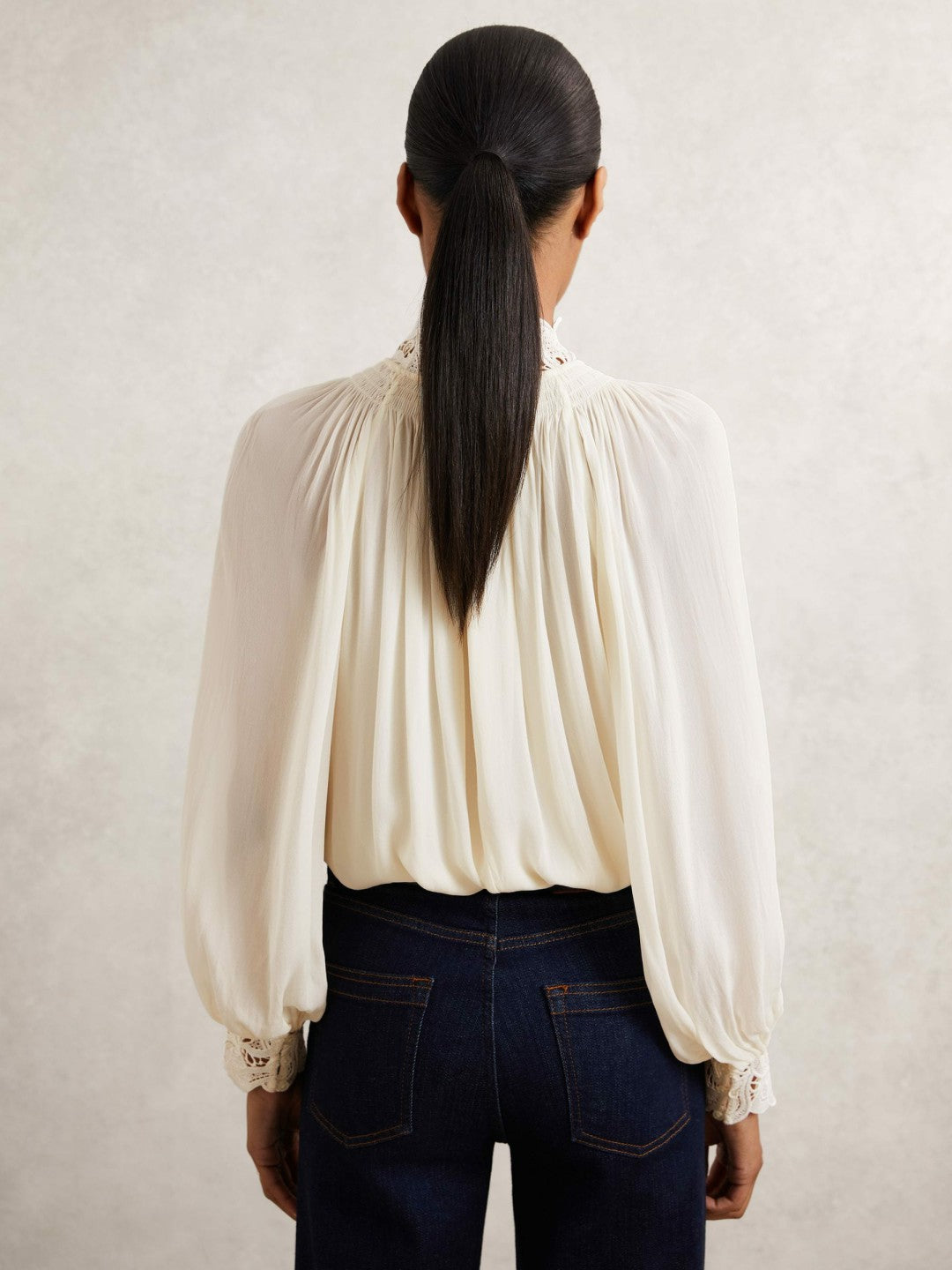 Lace-Trim Draped Chiffon Top in Cream | Reiss Women Exclusive
