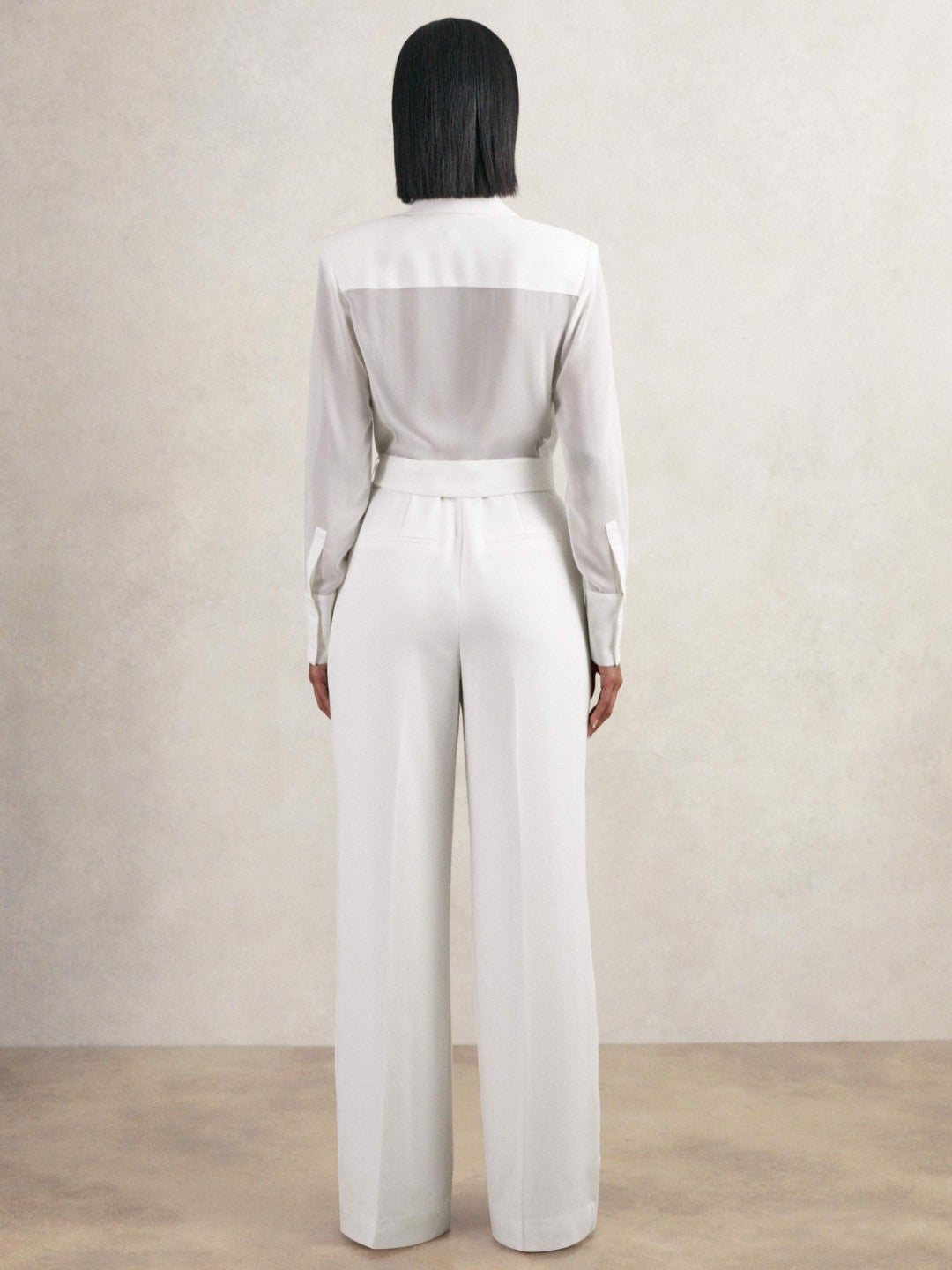 Sheer-Sleeve Wide-Leg Tuxedo Jumpsuit in Ivory | Reiss Women New