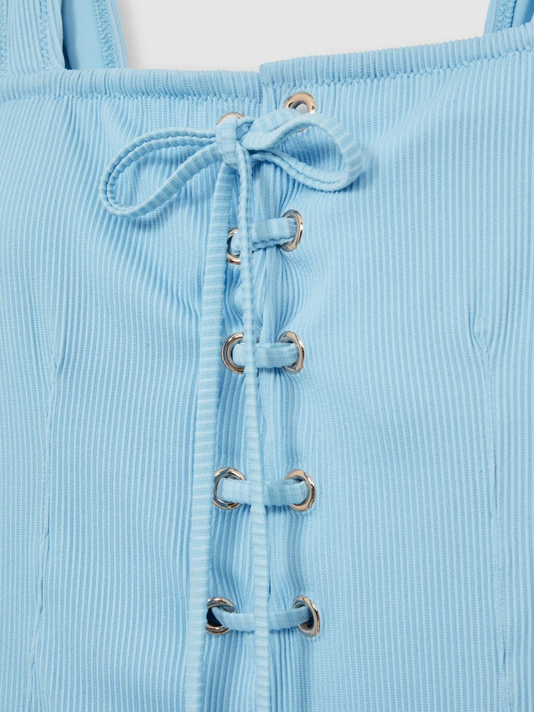 Ribbed Lace-Up Swimsuit in Blue | Reiss Women Recommended