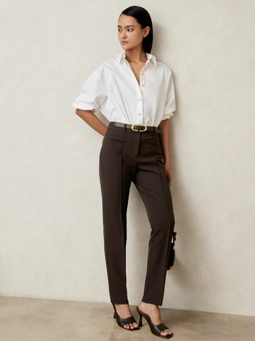 Petite Pintuck Tapered Trousers in Chocolate Brown | Reiss Women New