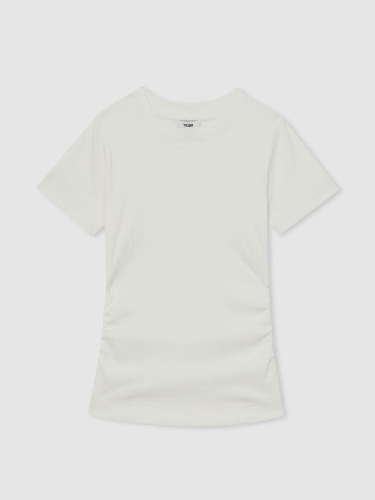 Stretch-Cotton Ruched Ribbed T-Shirt in White | Reiss Women Featured