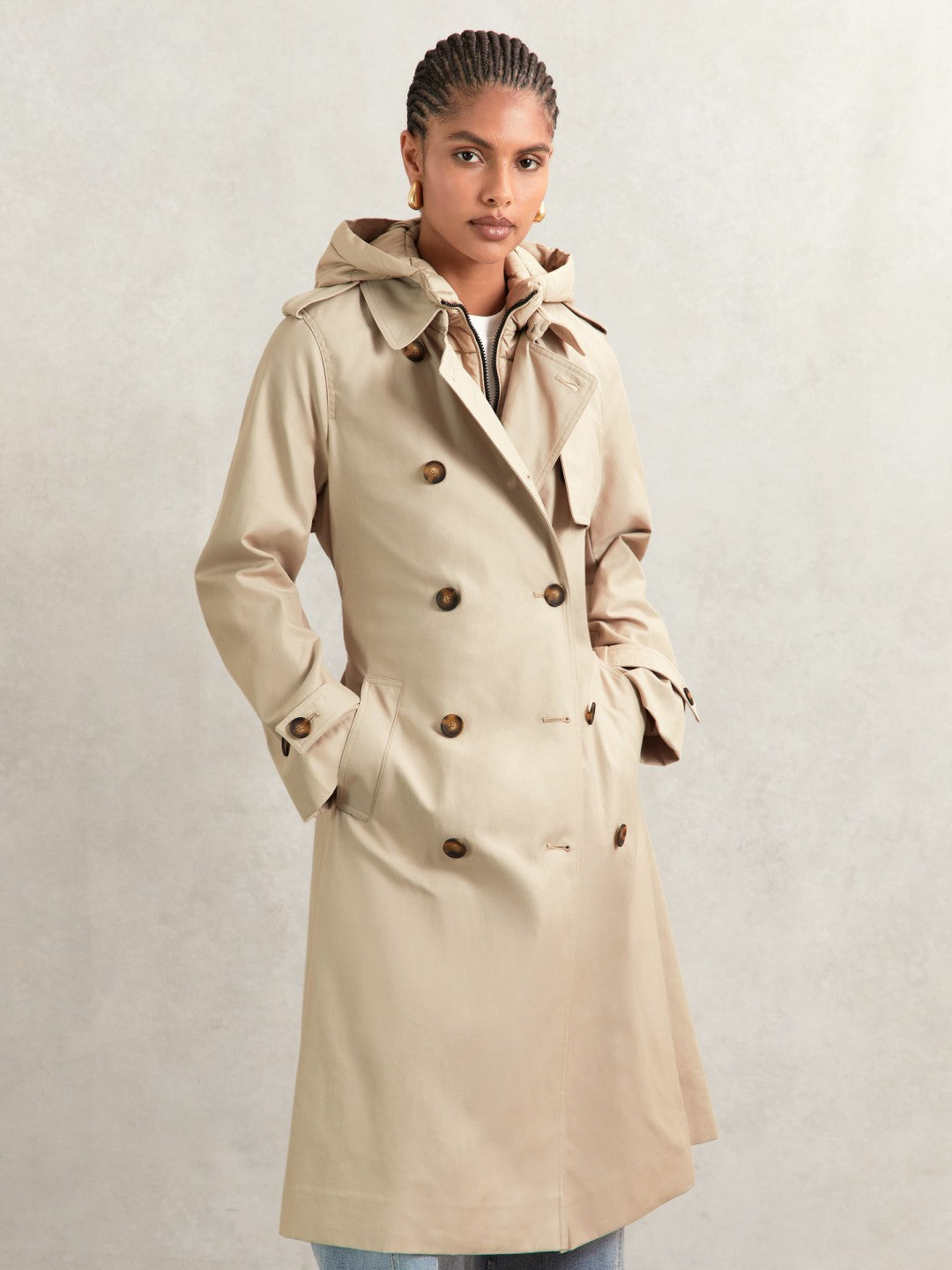 Petite Hooded Insert Trench Coat in Stone | Reiss Women Premium