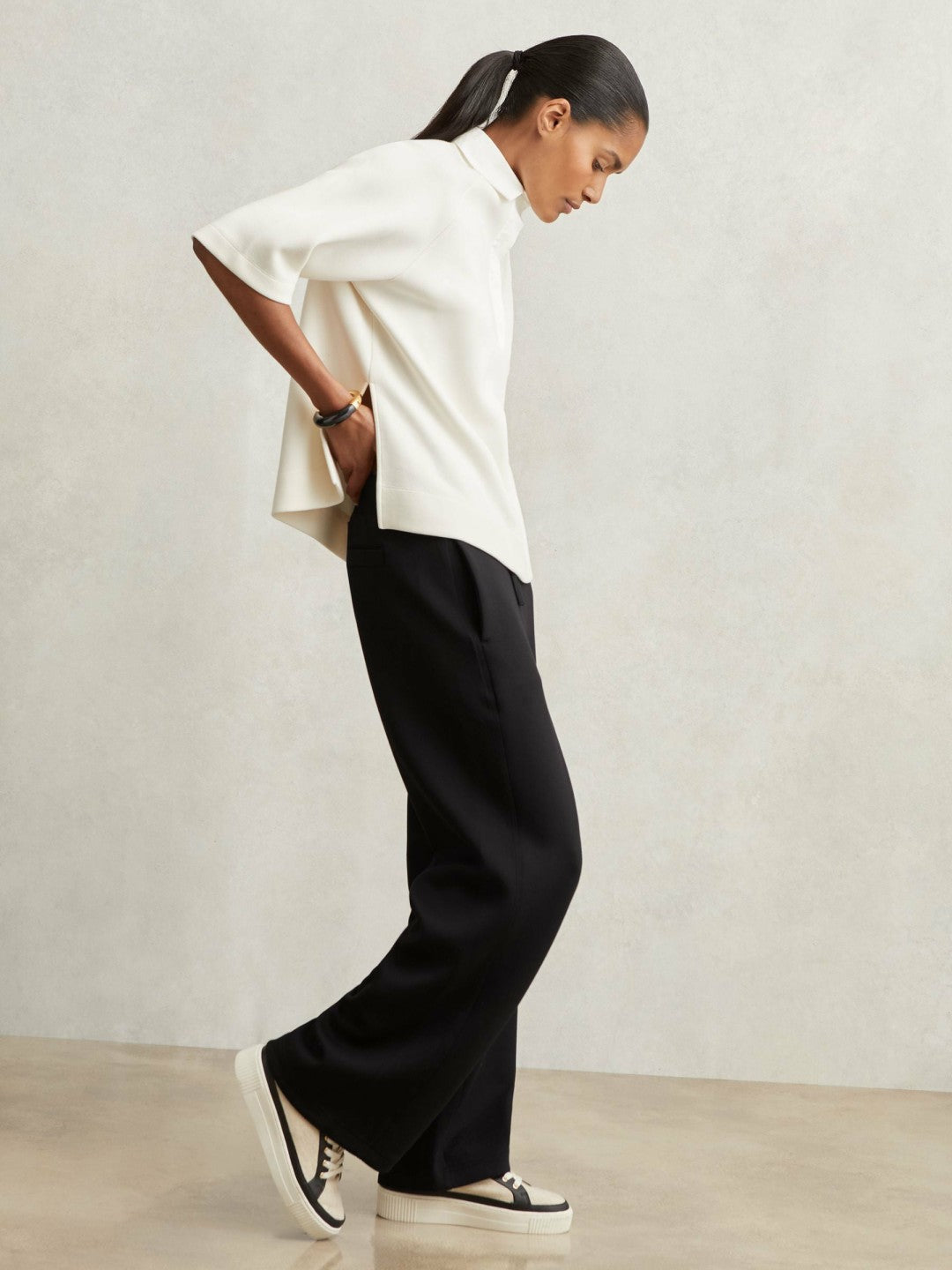 Wide-Leg Interlock Drawstring Joggers in Black | Reiss Women Signature