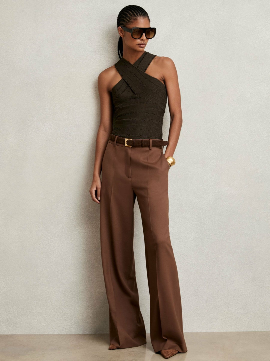 Cross Neck Textured Top in Chocolate | Reiss Women Recommended