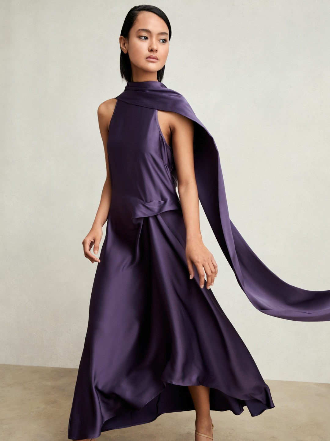 Petite Satin Tuck-Detail Cape Midi Dress in Purple | Reiss Women Signature