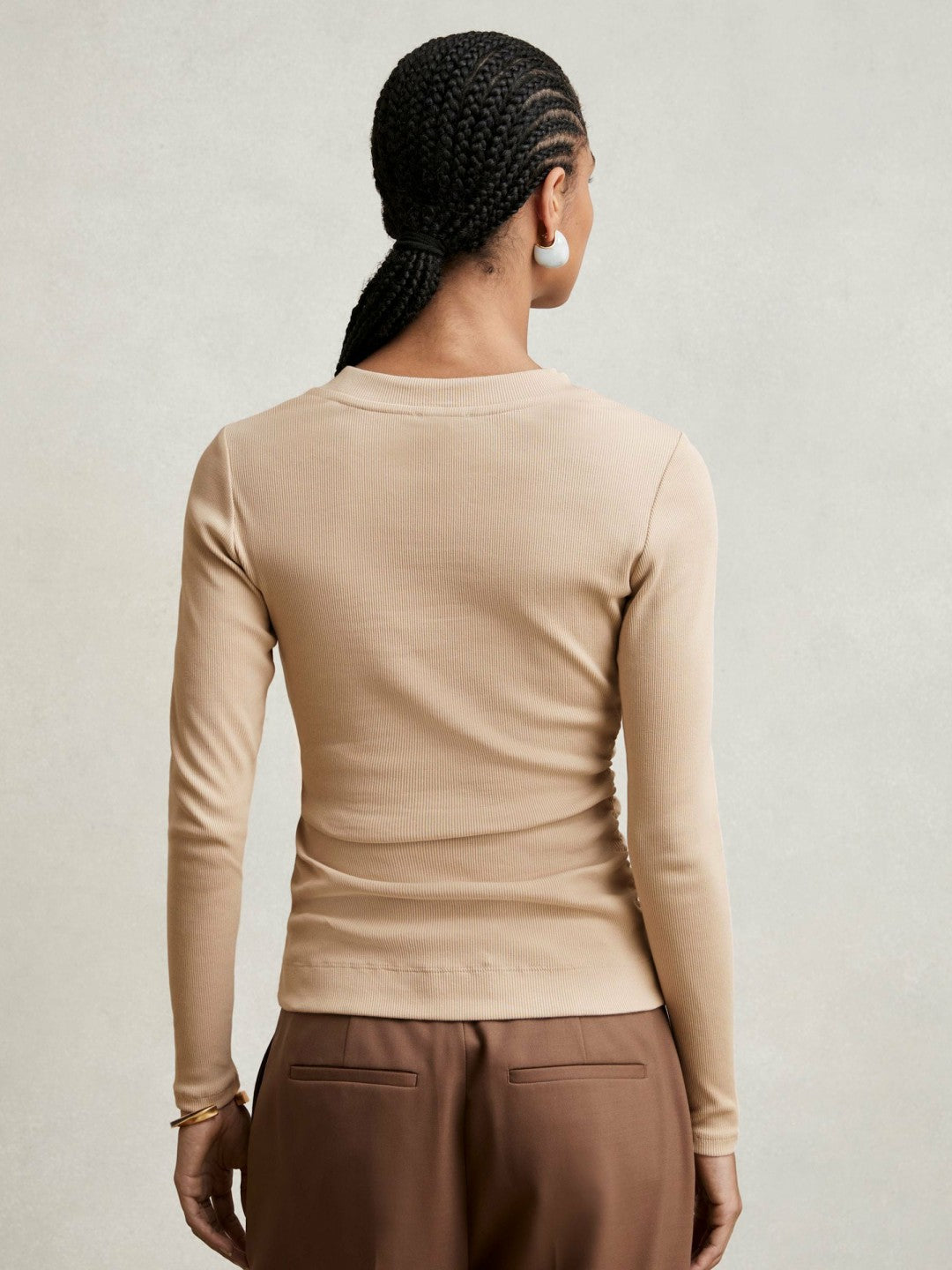 Cotton Long-Sleeve Ruched T-Shirt with Stretch in Camel | Reiss Women Recommended