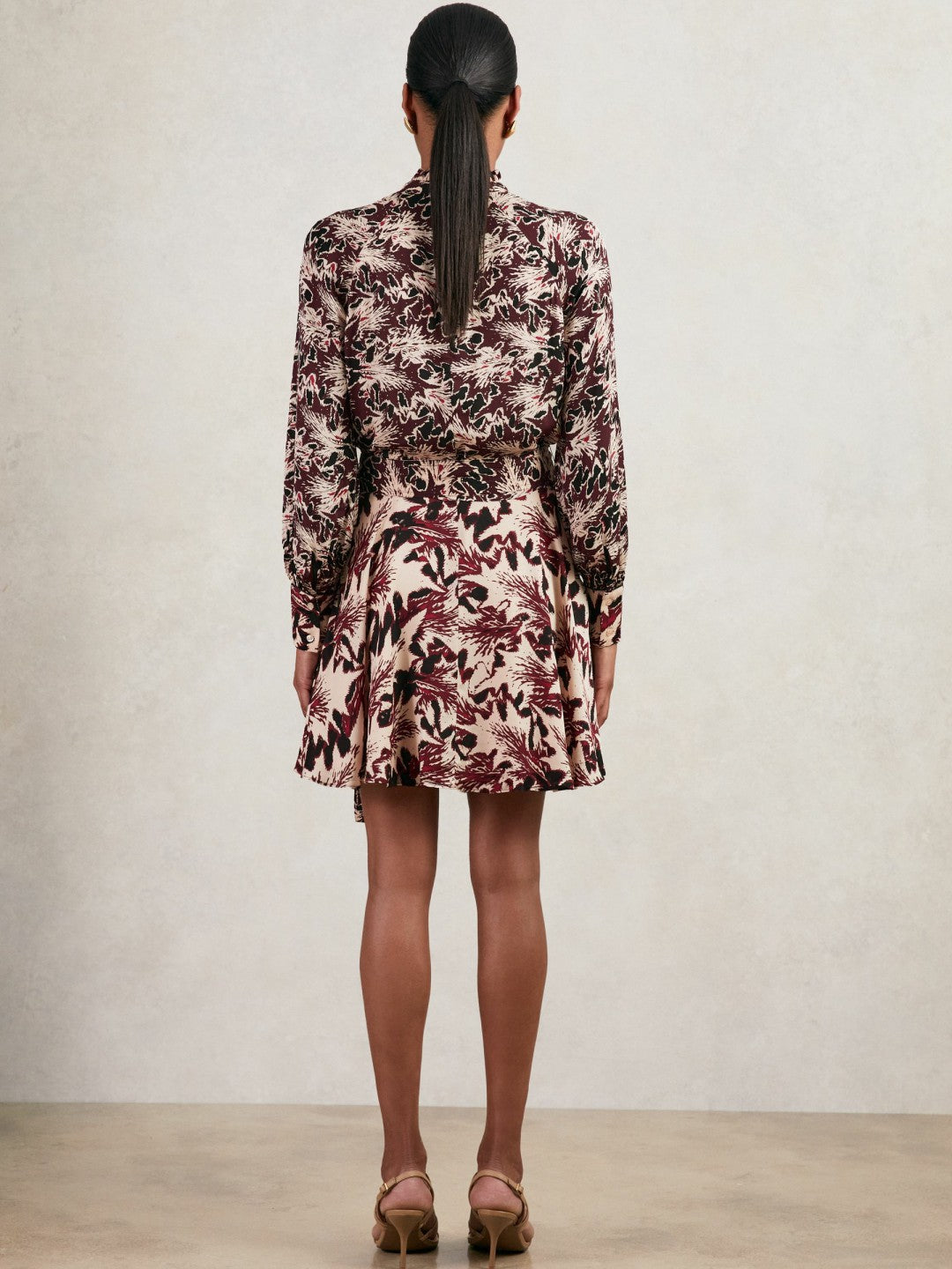 Printed Tie-Waist Flippy Mini Dress in Burgundy/Cream | Reiss Women Exclusive