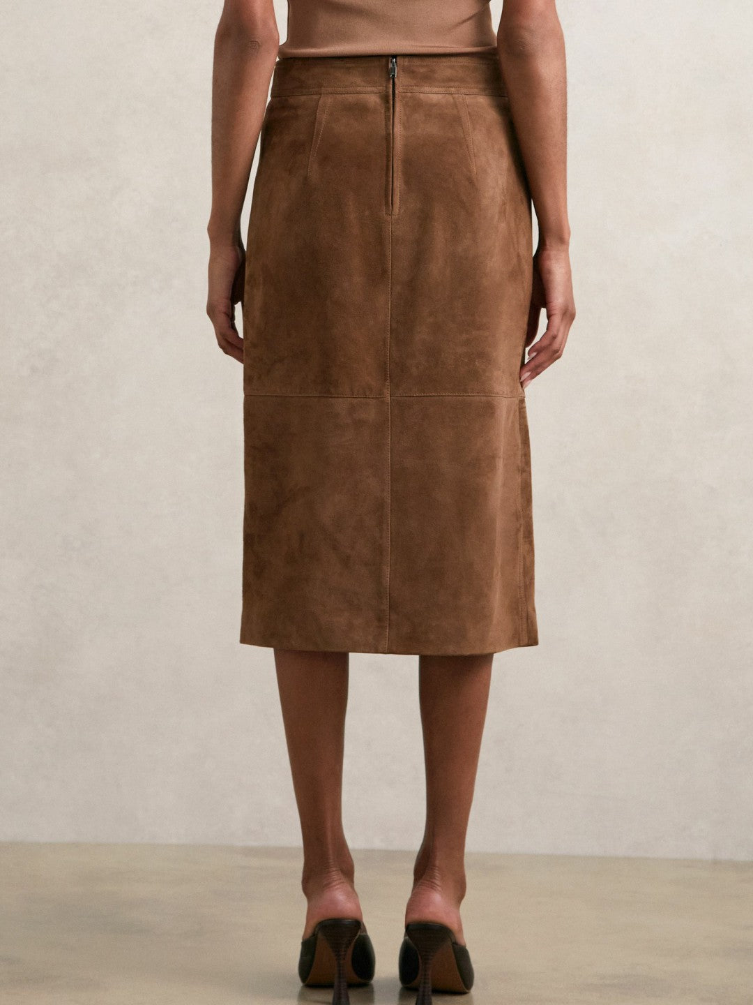 Suede Straight-Fit Midi Skirt in Tan Brown | Reiss Women Best Seller