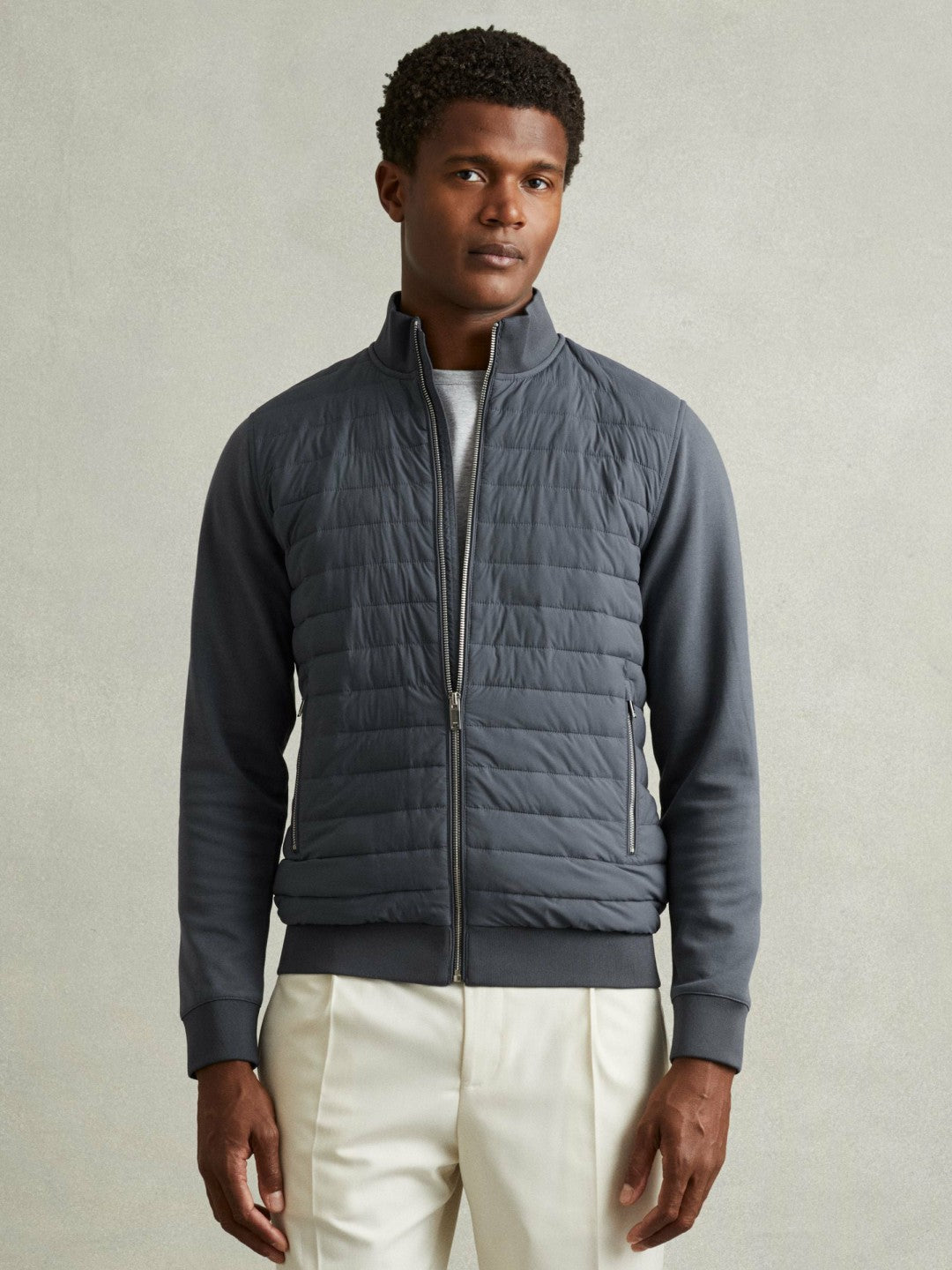 Hybrid Quilt and Knit Zip-Through Jacket in Airforce Blue | Reiss Men Trending