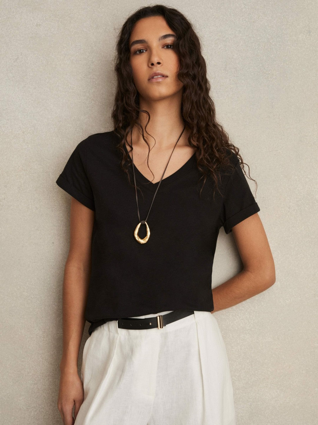 Cotton-Jersey V-Neck T-Shirt in Black | Reiss Women Premium