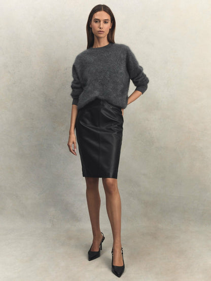 Leather High Rise Midi Skirt in Black | Reiss Women New