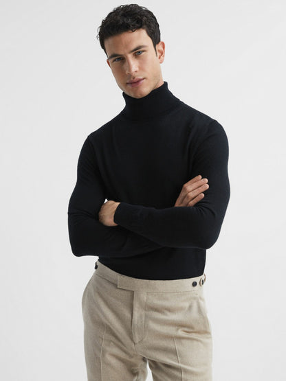 Slim Fit Merino Wool Roll Neck Jumper in Black | Reiss Men Featured