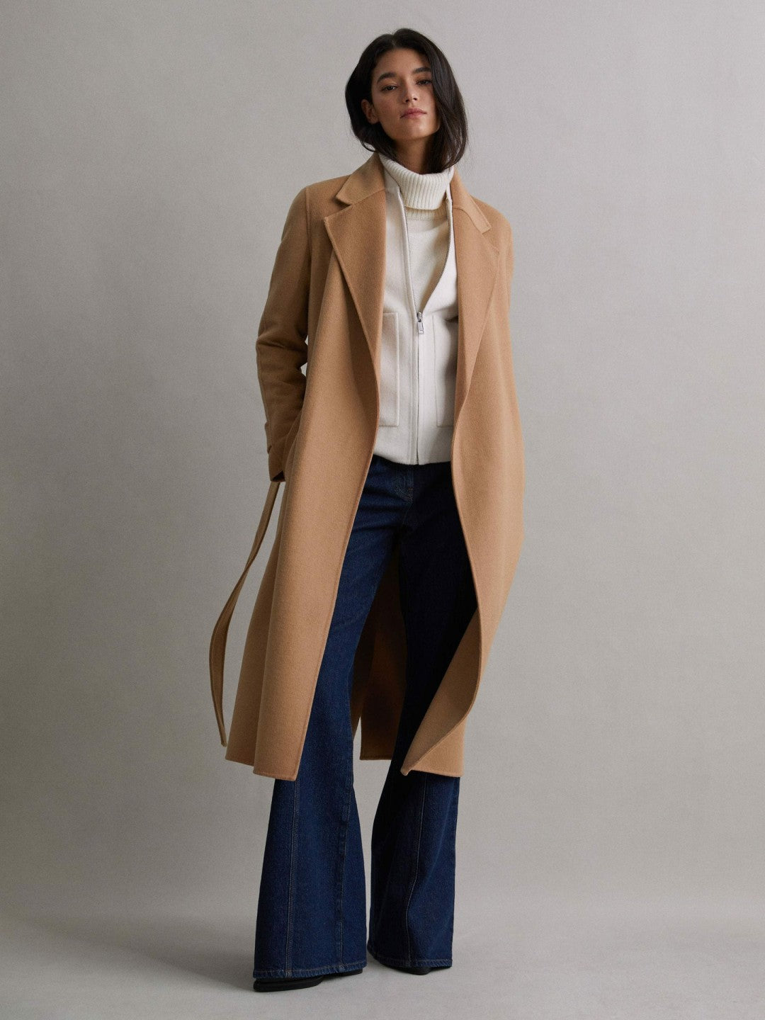 Wool Blend Belted Blindseam Coat in Camel | Reiss Women New