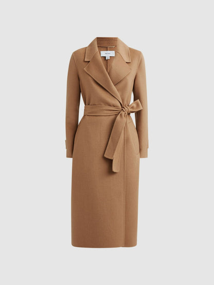 Wool Blend Belted Blindseam Coat in Camel | Reiss Women New