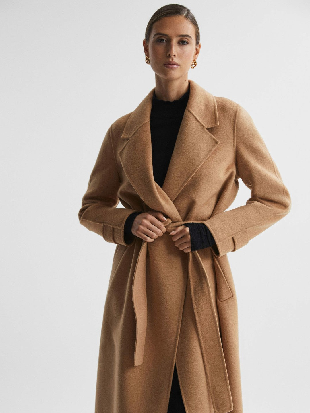 Wool Blend Belted Blindseam Coat in Camel | Reiss Women New