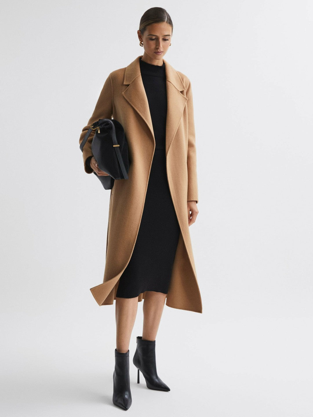Wool Blend Belted Blindseam Coat in Camel | Reiss Women New