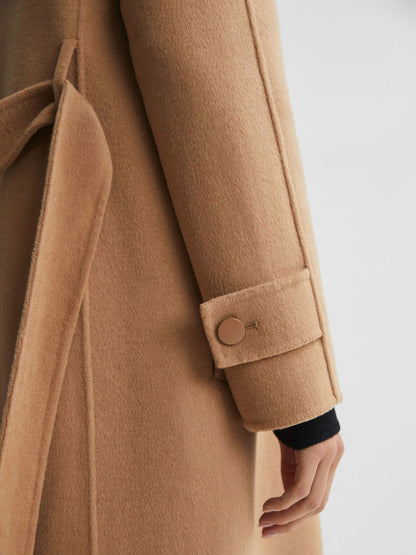 Wool Blend Belted Blindseam Coat in Camel | Reiss Women New