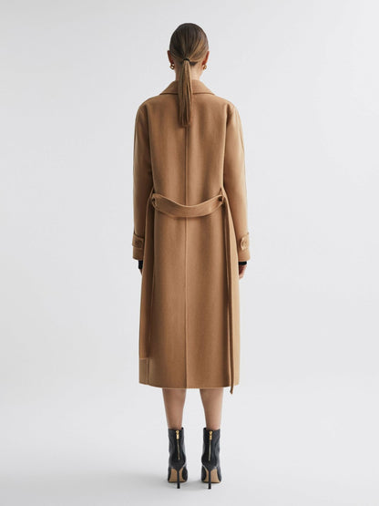 Wool Blend Belted Blindseam Coat in Camel | Reiss Women New