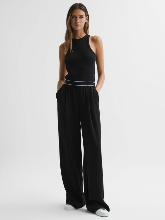 Wide Leg Elasticated Trousers in Black | Reiss Women Exclusive