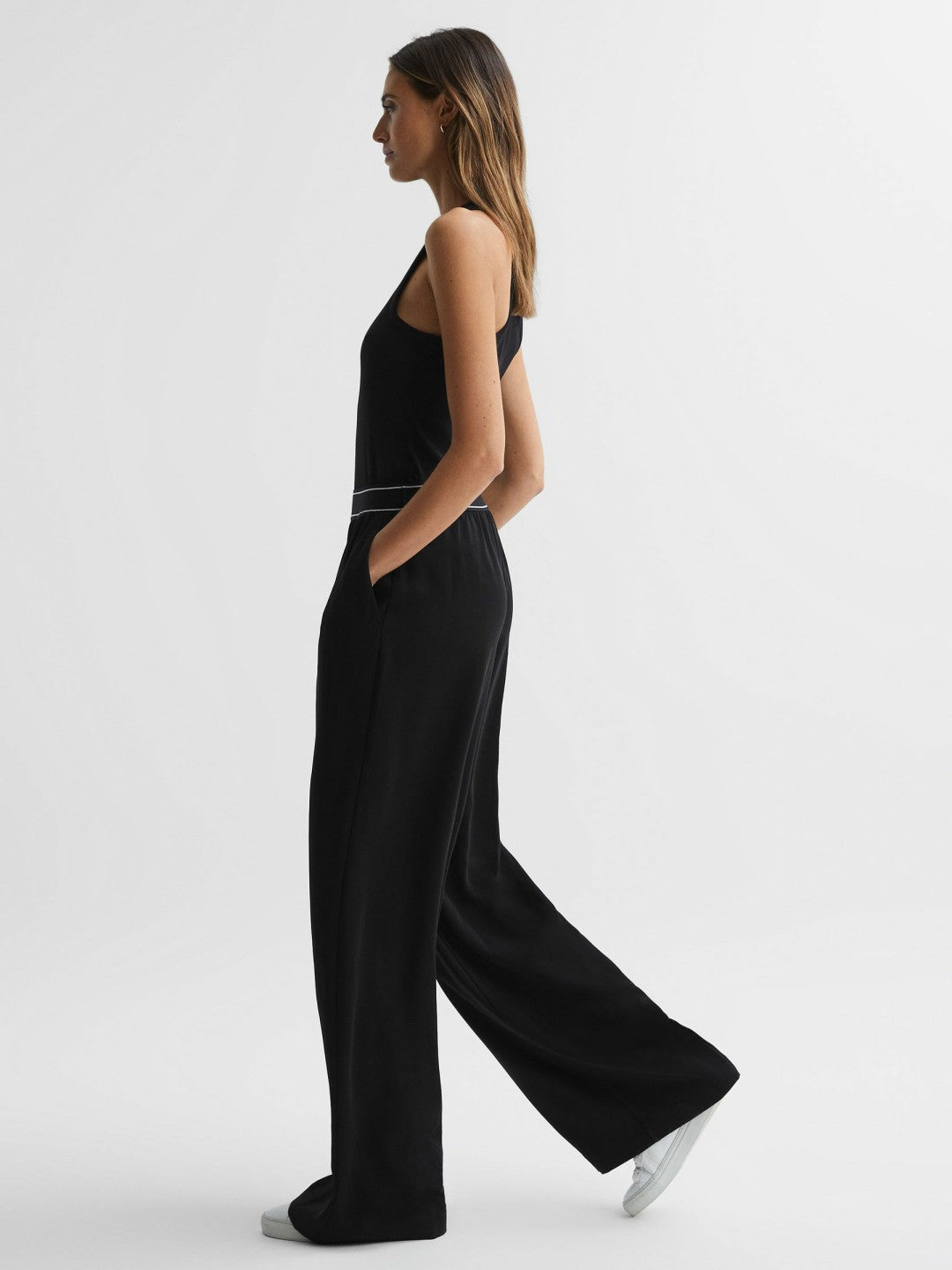 Wide Leg Elasticated Trousers in Black | Reiss Women Exclusive