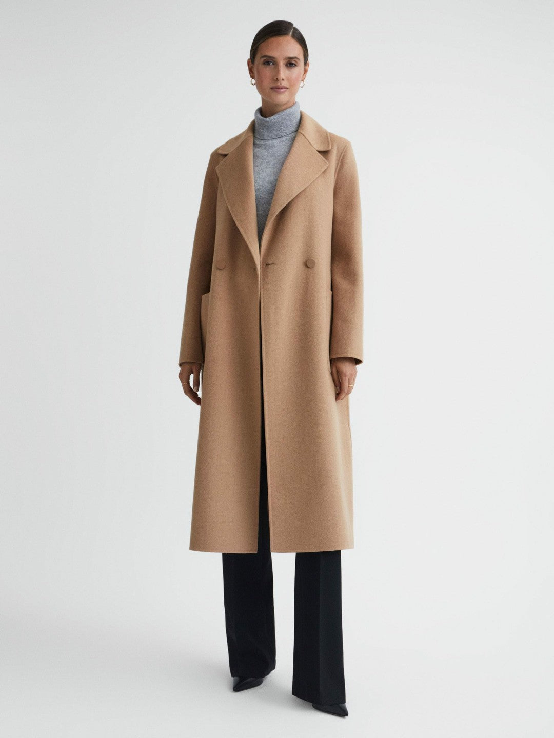 Long Wool Blend Blindseam Coat in Camel | Reiss Women Trending