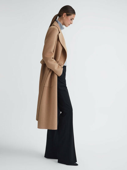 Long Wool Blend Blindseam Coat in Camel | Reiss Women Trending
