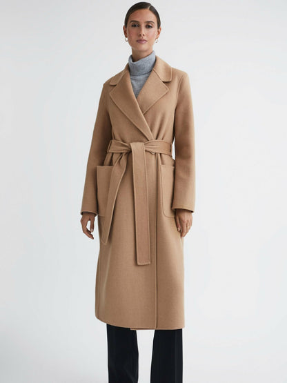 Long Wool Blend Blindseam Coat in Camel | Reiss Women Trending