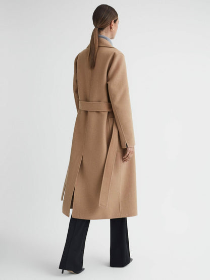 Long Wool Blend Blindseam Coat in Camel | Reiss Women Trending