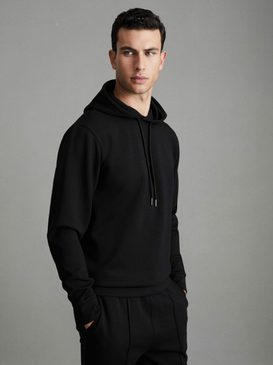 Interlock Jersey Drawstring Hoodie in Black | Reiss Men Trending