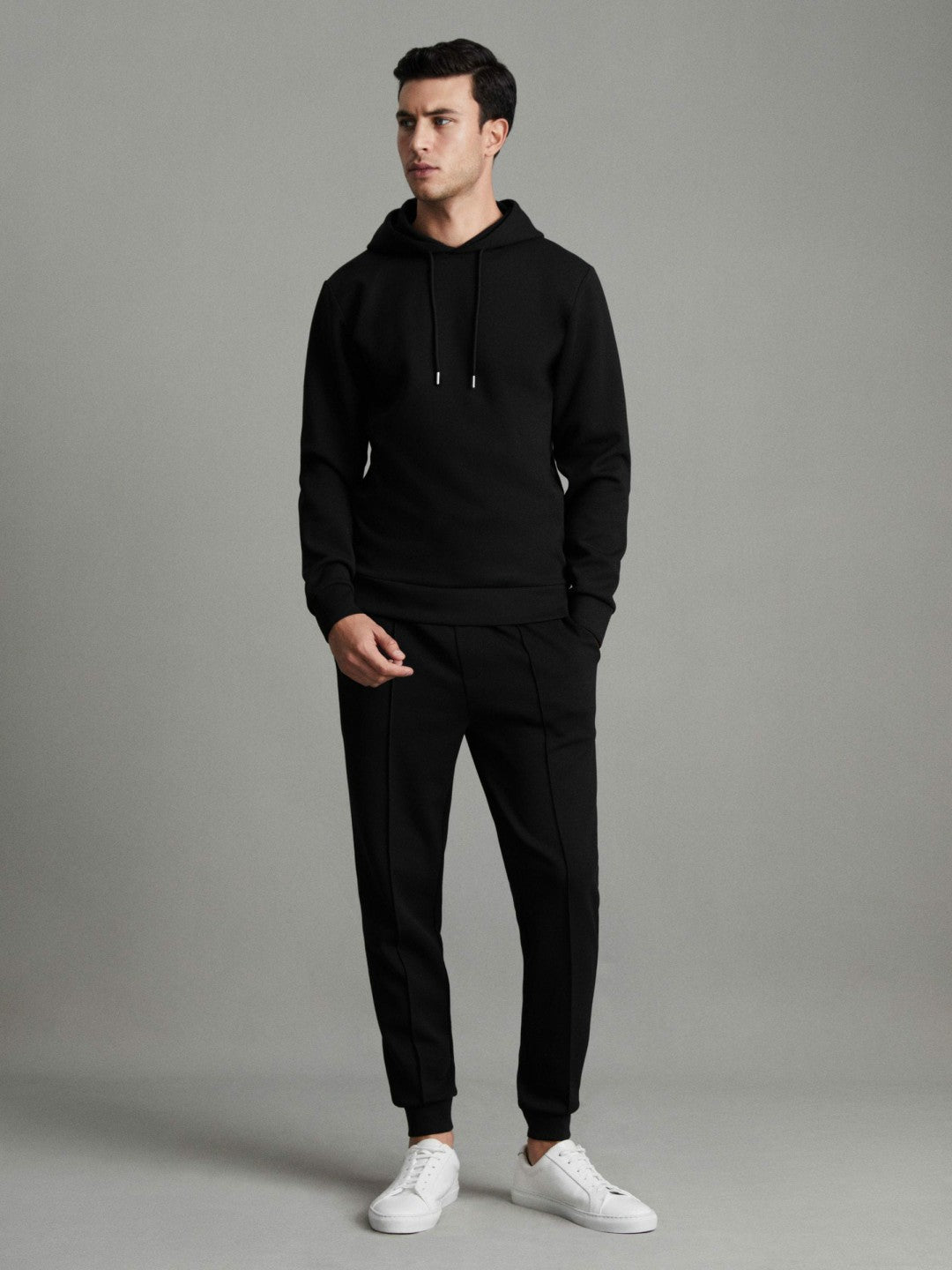 Interlock Jersey Drawstring Hoodie in Black | Reiss Men Trending
