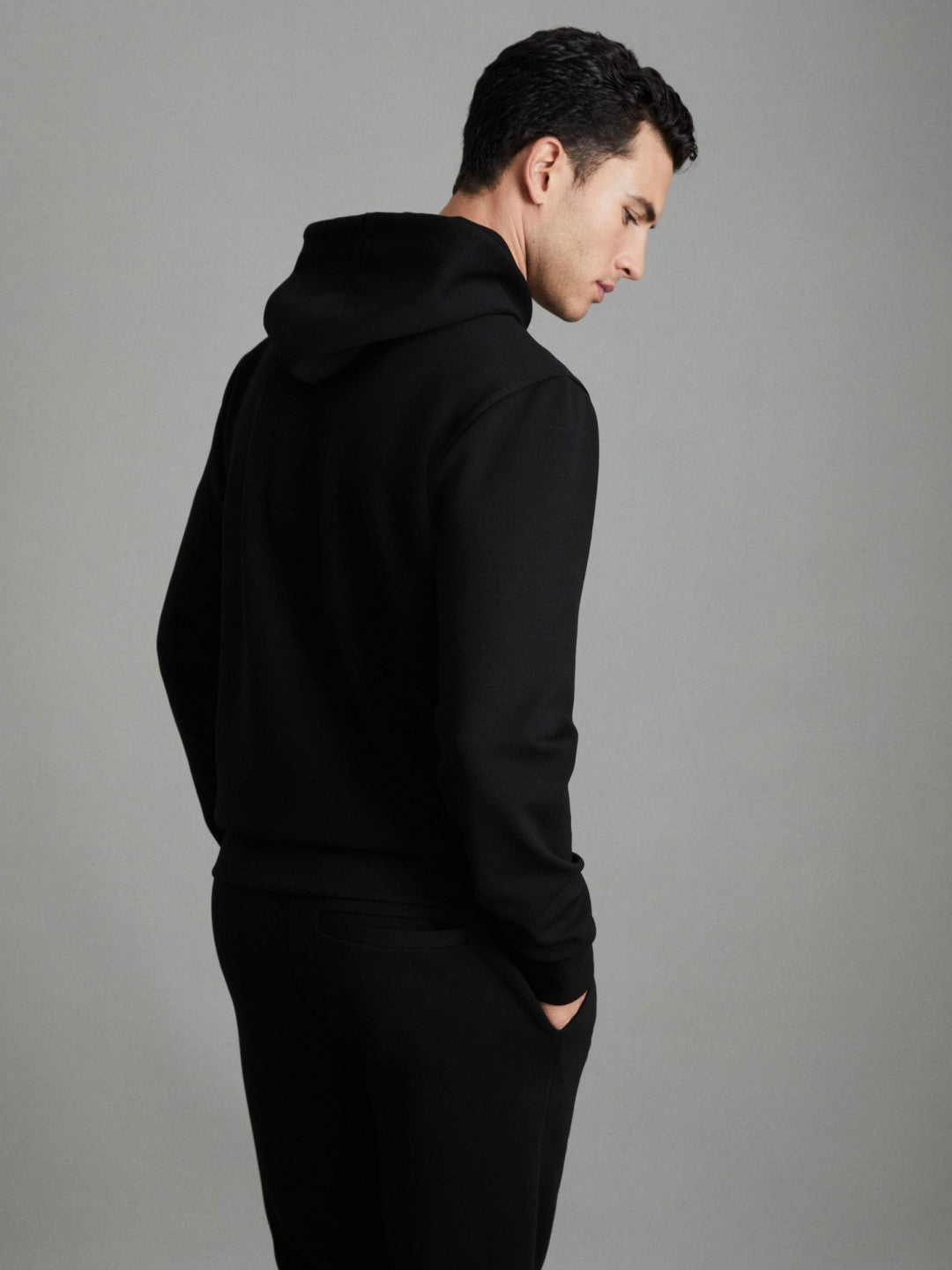 Interlock Jersey Drawstring Hoodie in Black | Reiss Men Trending
