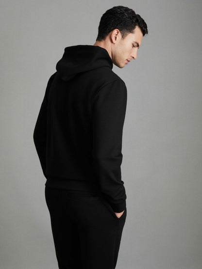 Interlock Jersey Drawstring Hoodie in Black | Reiss Men Trending