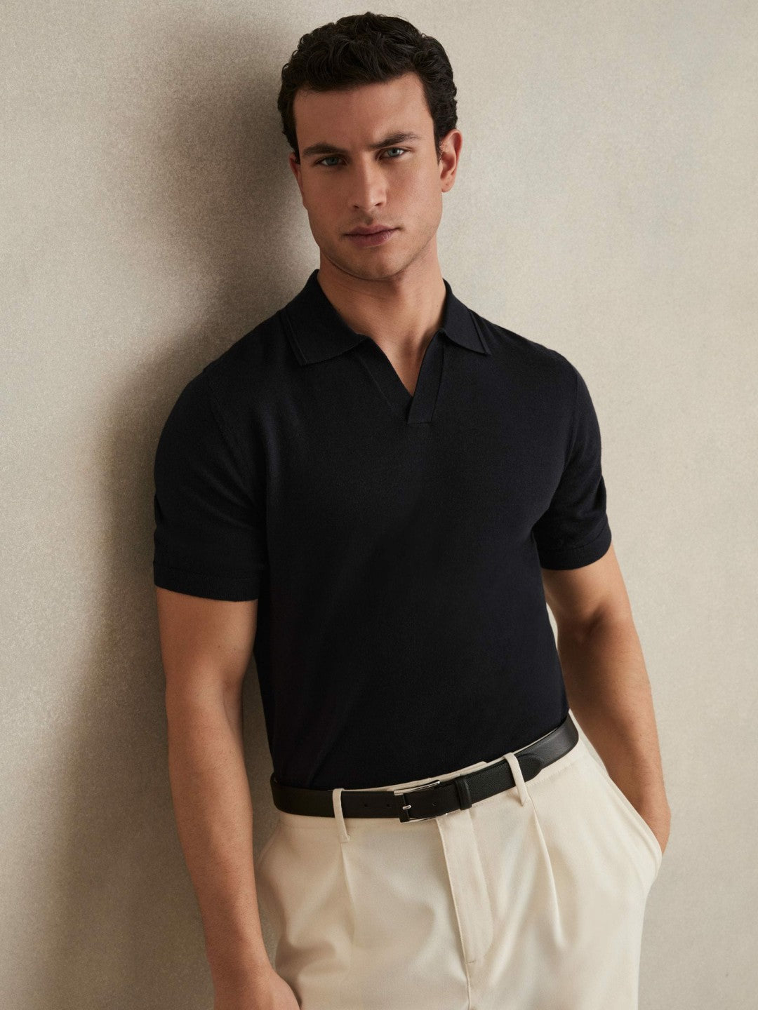 Merino Wool Open Collar Polo Shirt in Navy | Reiss Men Best Seller