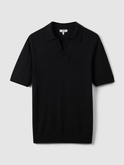 Merino Wool Open Collar Polo Shirt in Navy | Reiss Men Best Seller