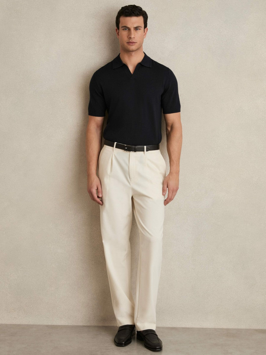 Merino Wool Open Collar Polo Shirt in Navy | Reiss Men Best Seller