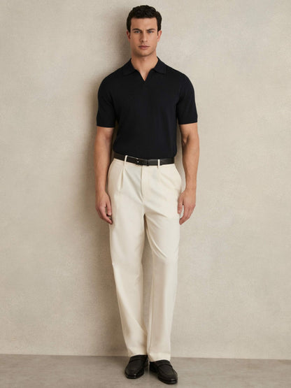 Merino Wool Open Collar Polo Shirt in Navy | Reiss Men Best Seller