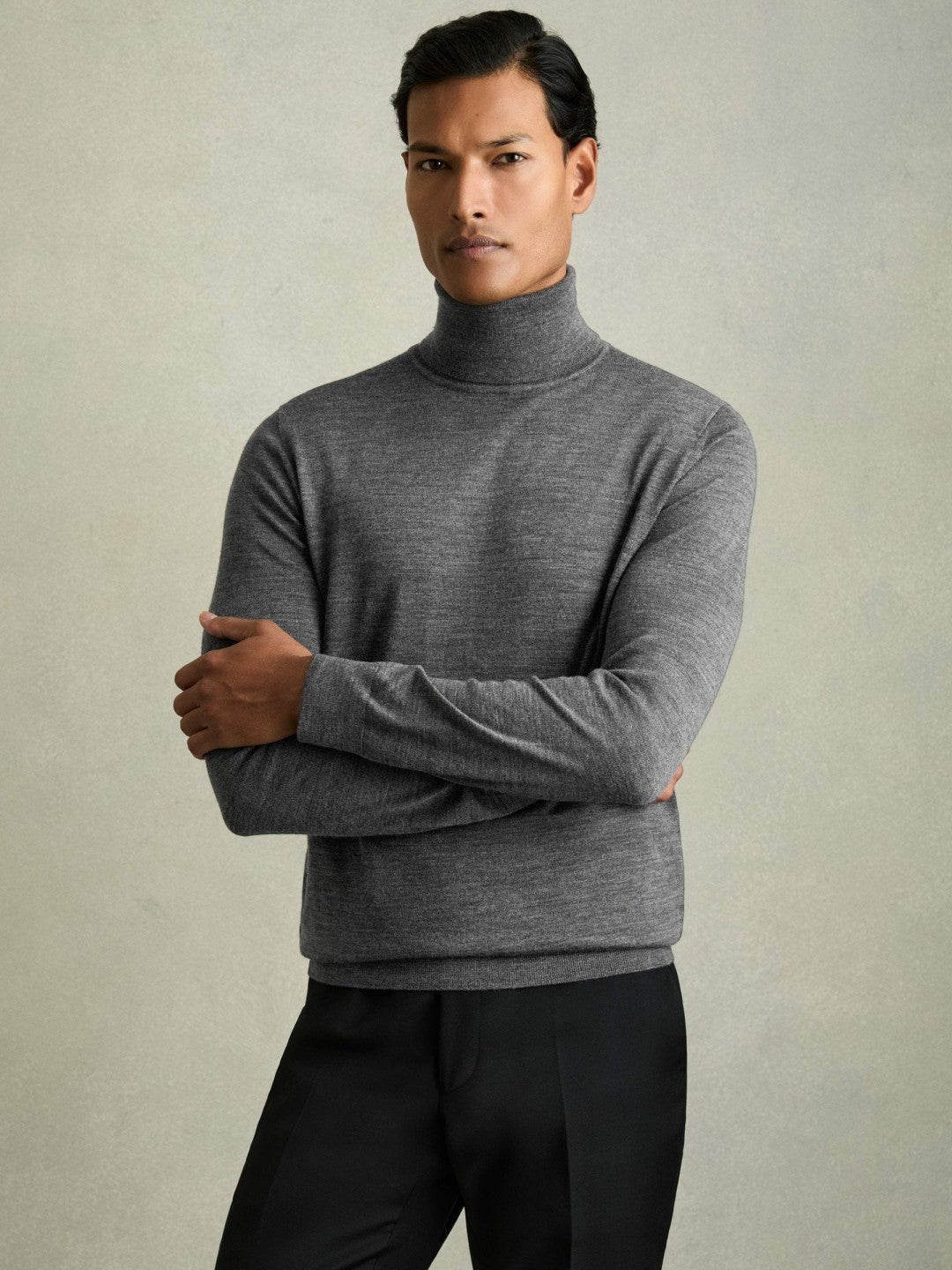 Slim Fit Merino Wool Roll Neck Jumper in Derby Grey Marl | Reiss Men Recommended