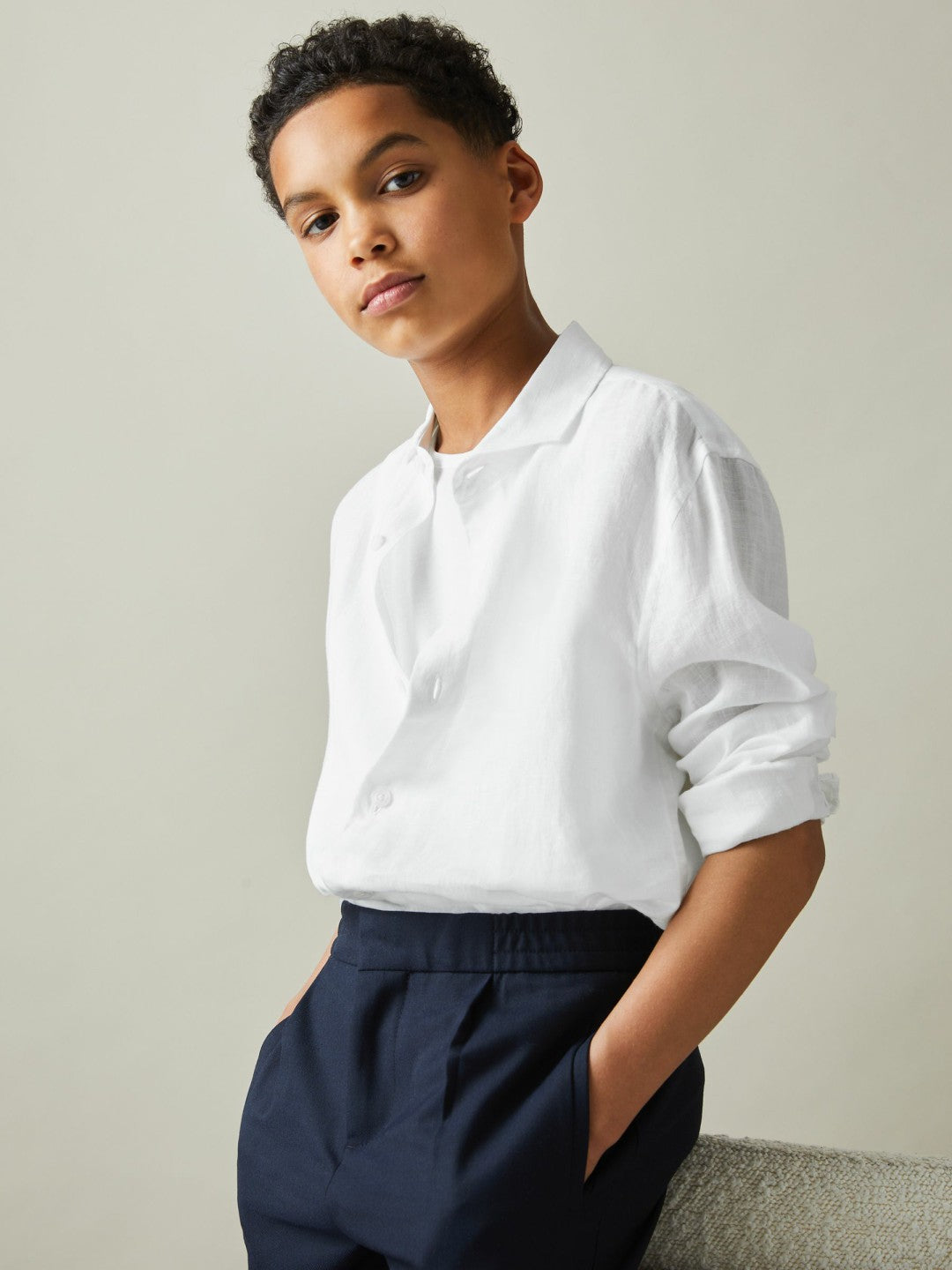 3-9 yrs Striped Linen Cutaway Collar Shirt in White | Reiss Children & Baby Exclusive