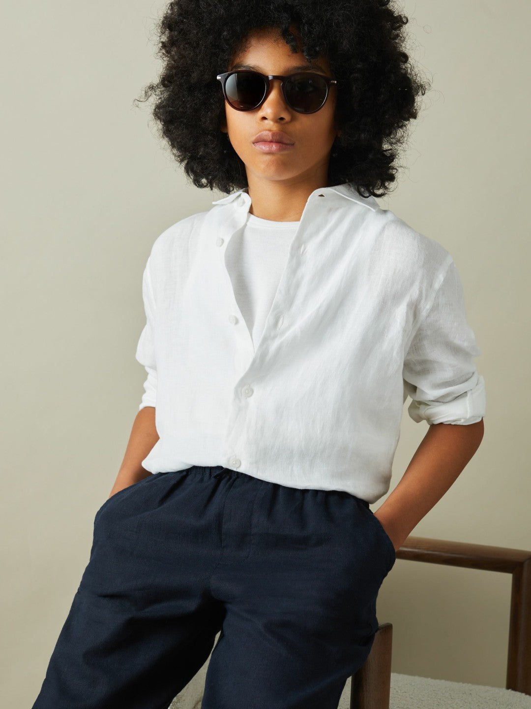 9-13 yrs Striped Linen Cutaway Collar Shirt in White | Reiss Children & Baby Exclusive